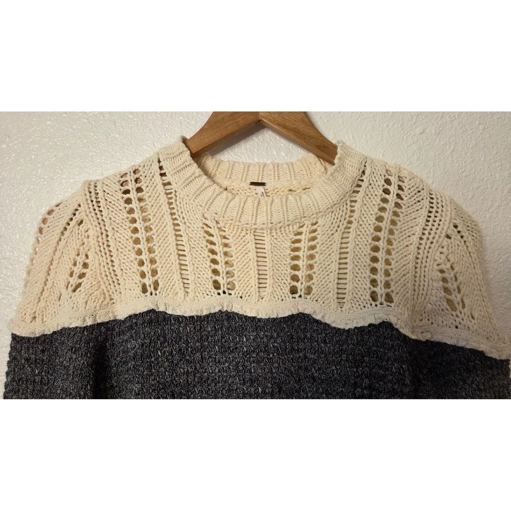 Free‎ People Colorblock Knit Sweater Crochet Yoke Boho Chunky Pullover M